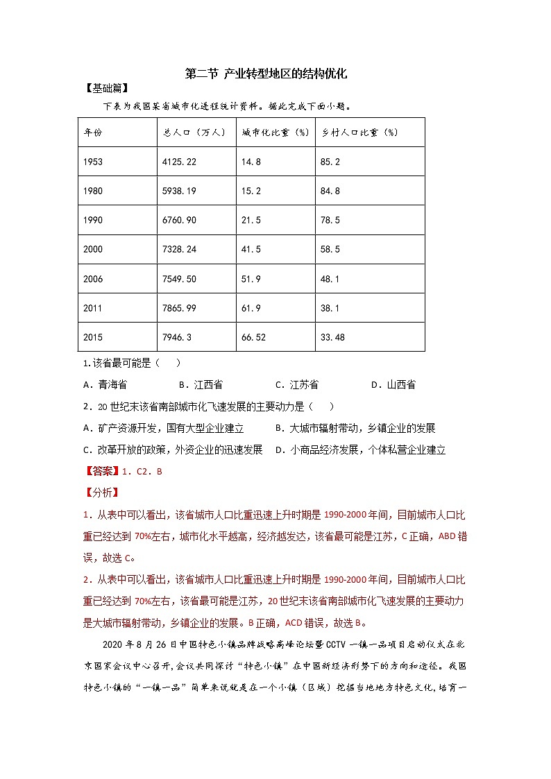 2.2 产业转型地区的结构优化（精选练习）-2020-2021学年高二地理同步备课系列（新教材湘教版选择性必修2）01