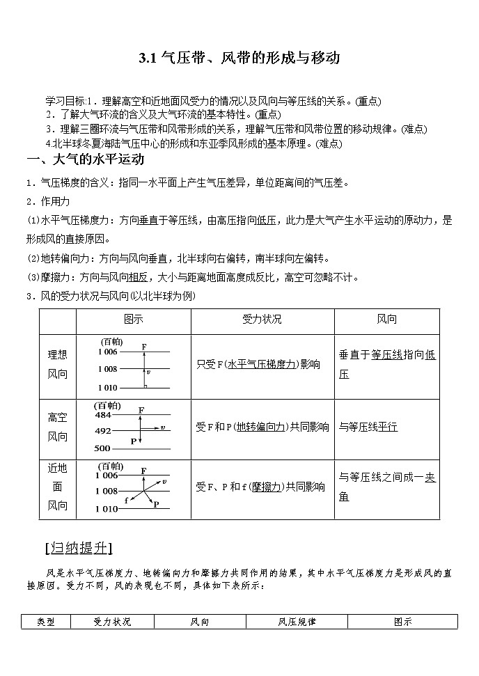 2020-2021学年湘教版（2019）高中地理选择性必修一 3.1气压带、风带的形成与移动 学案01