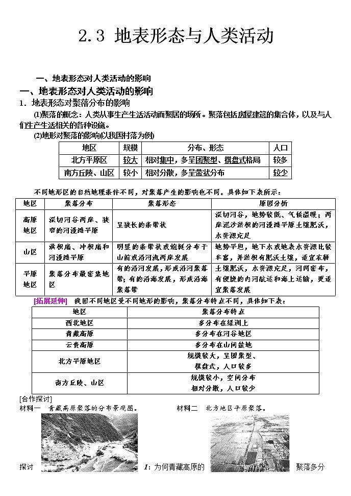 2020-2021学年湘教版（2019）高中地理选择性必修一 2.3 地表形态与人类活动 学案第1页