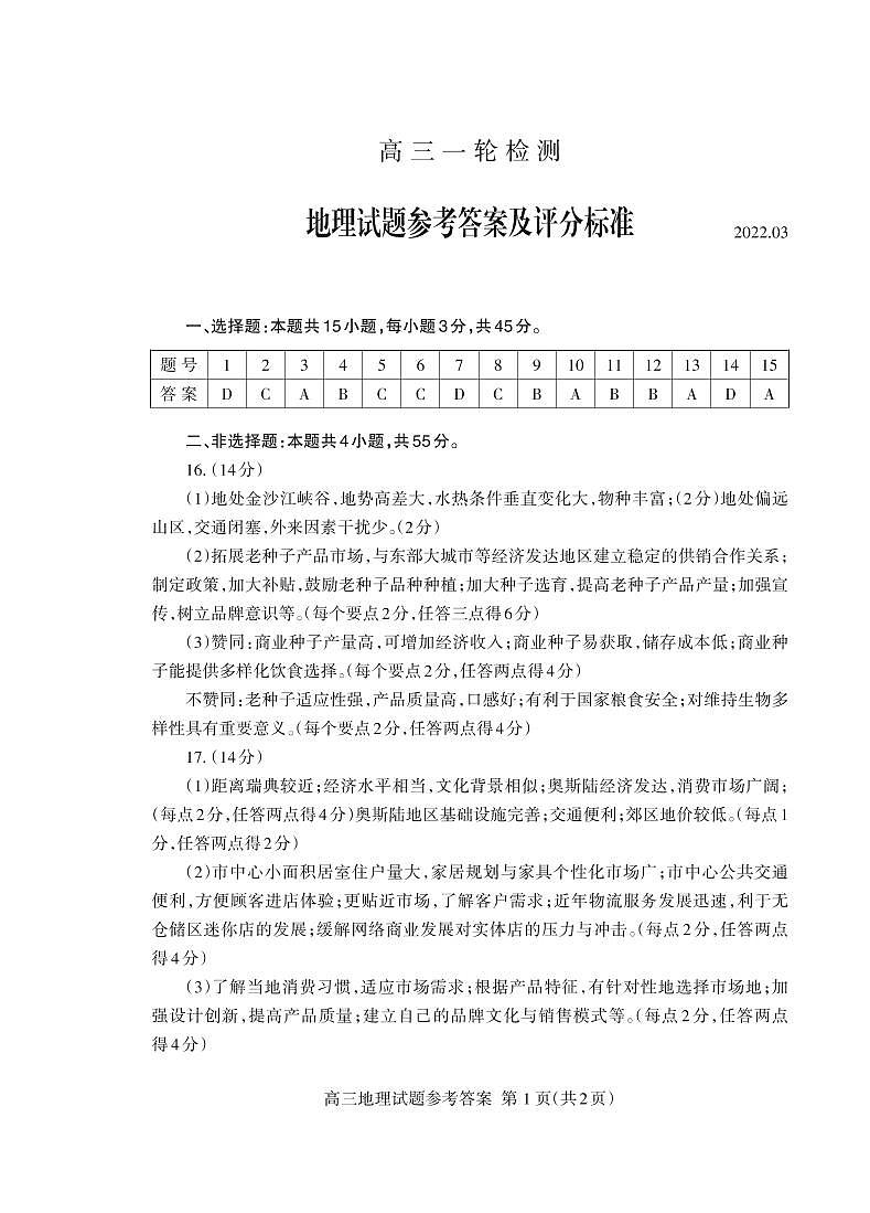 2022泰安高三下学期一模试题地理PDF版含答案（可编辑）01