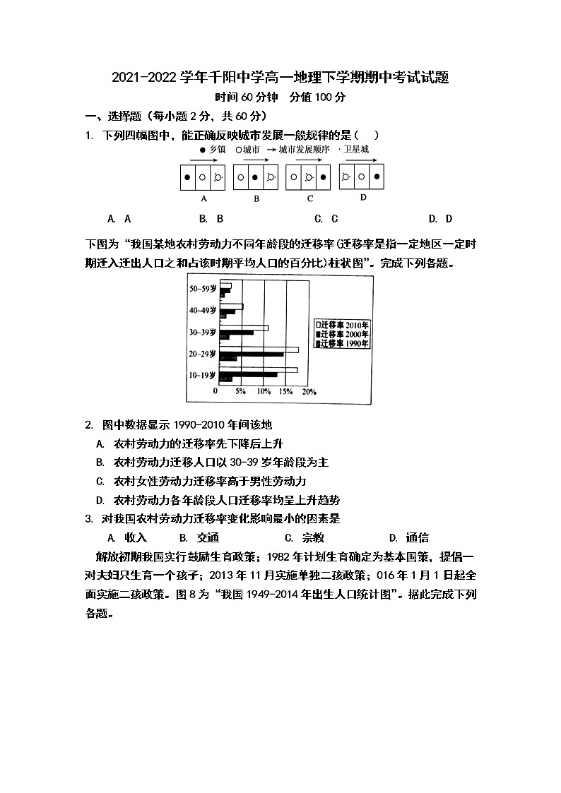 陕西省千阳县中学2021-2022学年高一下学期期中地理试题（含答案）01