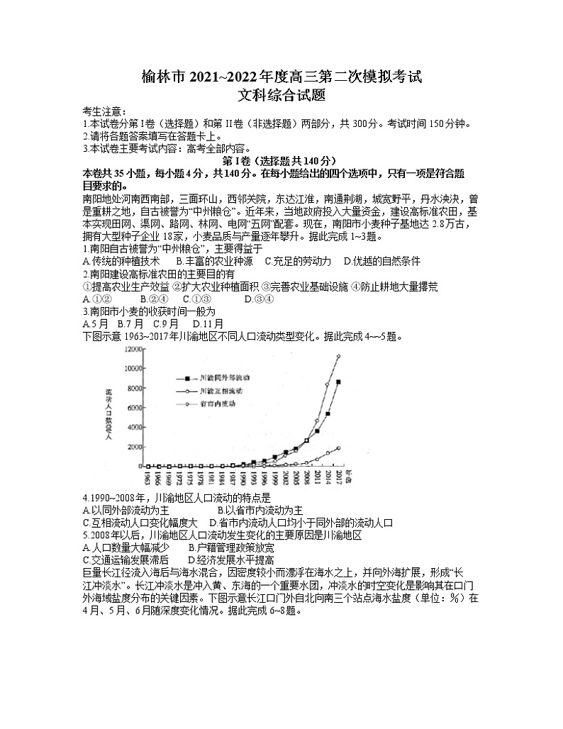 2022届陕西省榆林市高考二模文综地理试题01