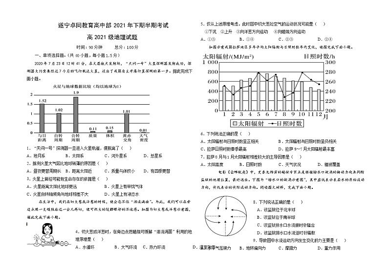 2022遂宁卓同国际学校（高中部）高一上学期期中考试地理含答案01