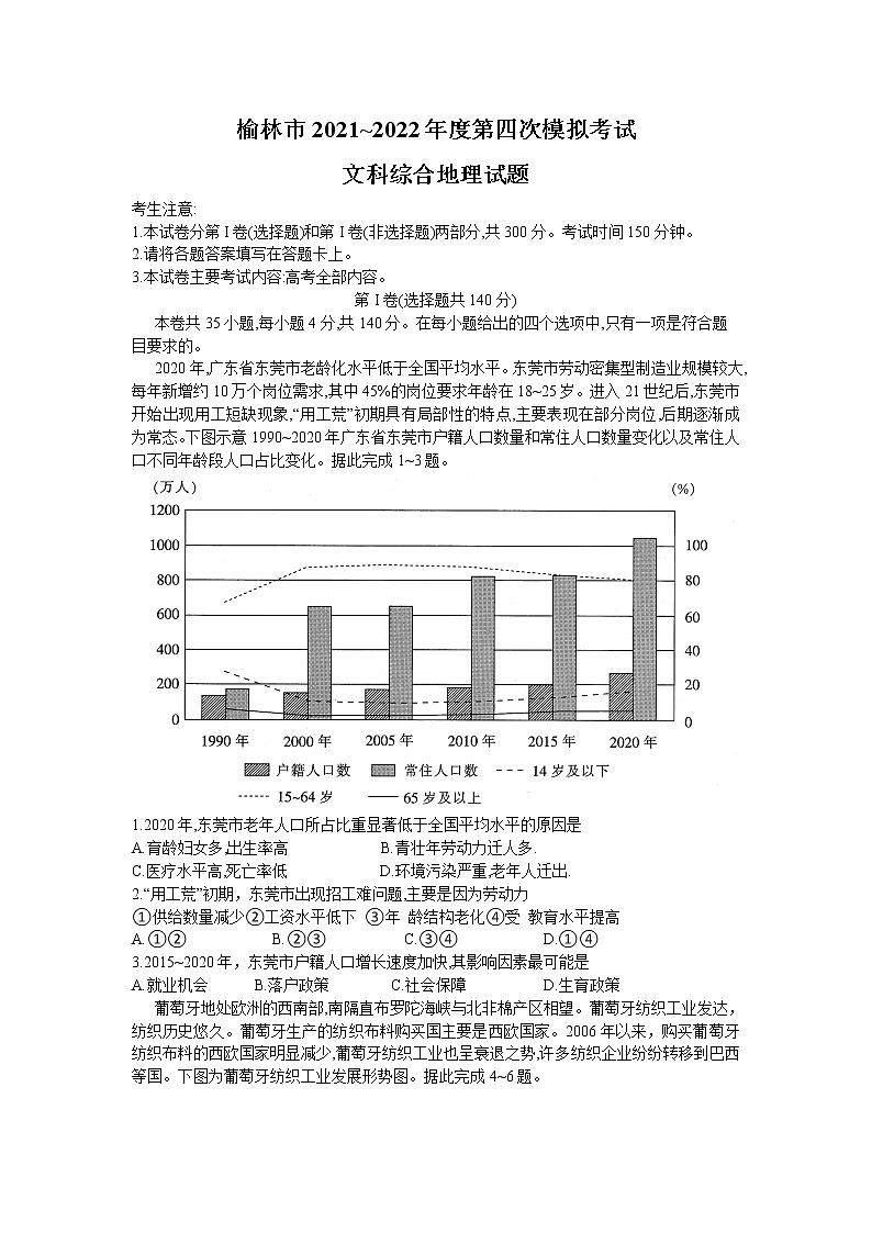 2022届陕西省榆林市四模地理试题+无答案第1页