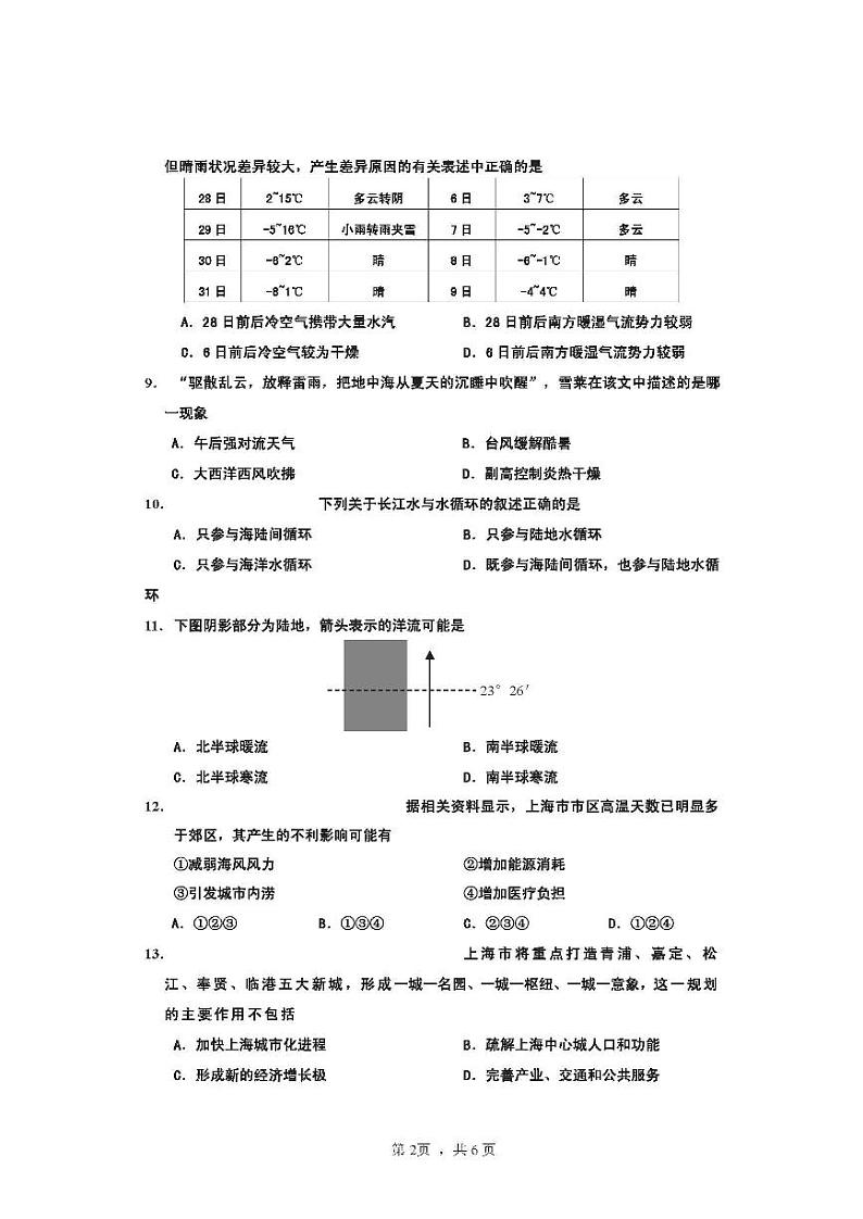 2022年上海市崇明区高二下等级考二模地理试卷含答案02