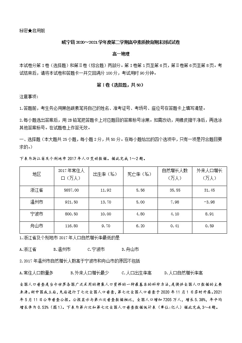 2021贵州省威宁县高一下学期期末考试地理试题含答案第1页
