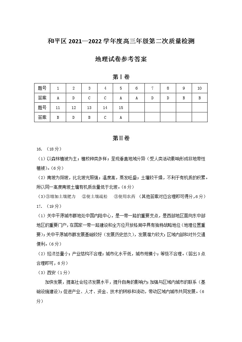 2022天津和平区高三下学期总复习质量检测（二）地理卷含答案01