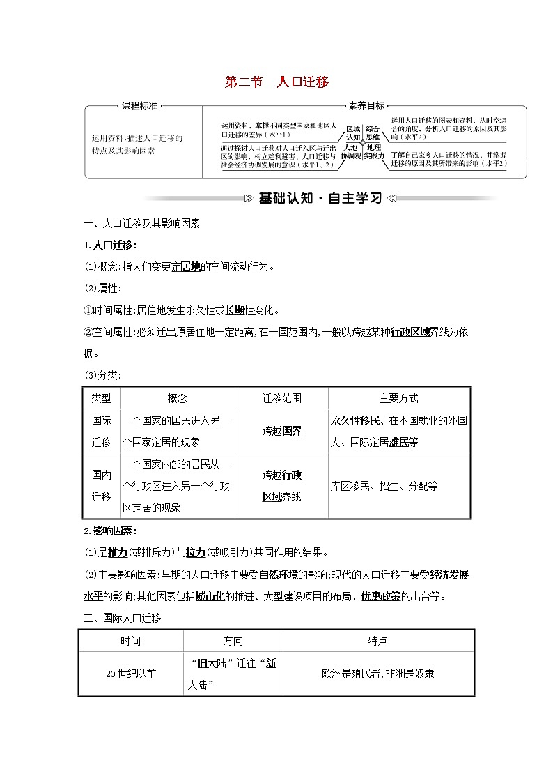 浙江专用湘教版高中地理必修2第一章人口与地理环境第二节人口迁移学案01