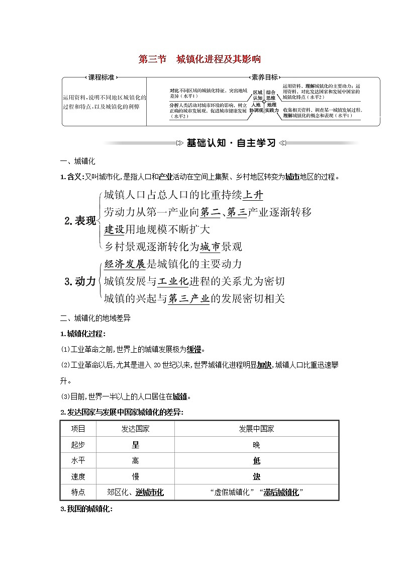 浙江专用湘教版高中地理必修2第二章城镇和乡村第三节城镇化进程及其影响学案01