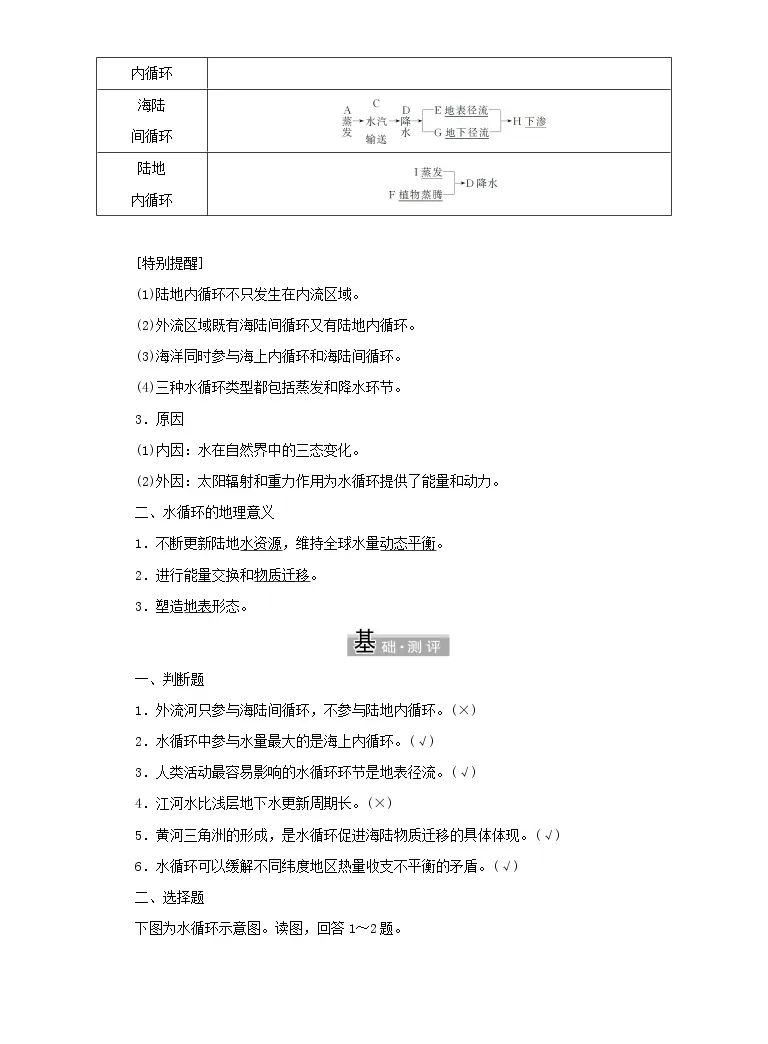 高中地理中图版 19 必修第一册第四节水循环过程及地理意义导学案 教习网 学案下载