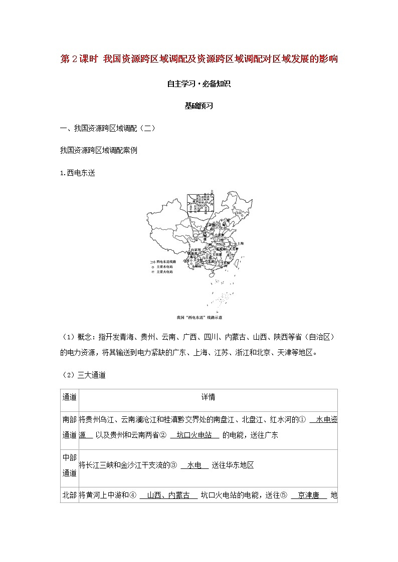 湘教版高中地理选择性必修第二册第三章区域合作第二节第2课时我国资源跨区域调配及资源跨区域调配对区域发展的影响学案01