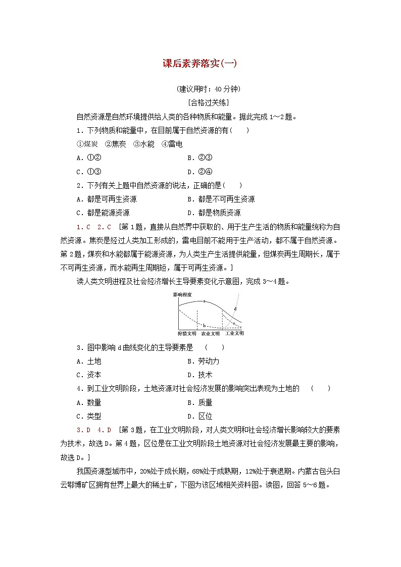 鲁教版高中地理选择性必修3课后练习1自然资源与人类活动含解析01