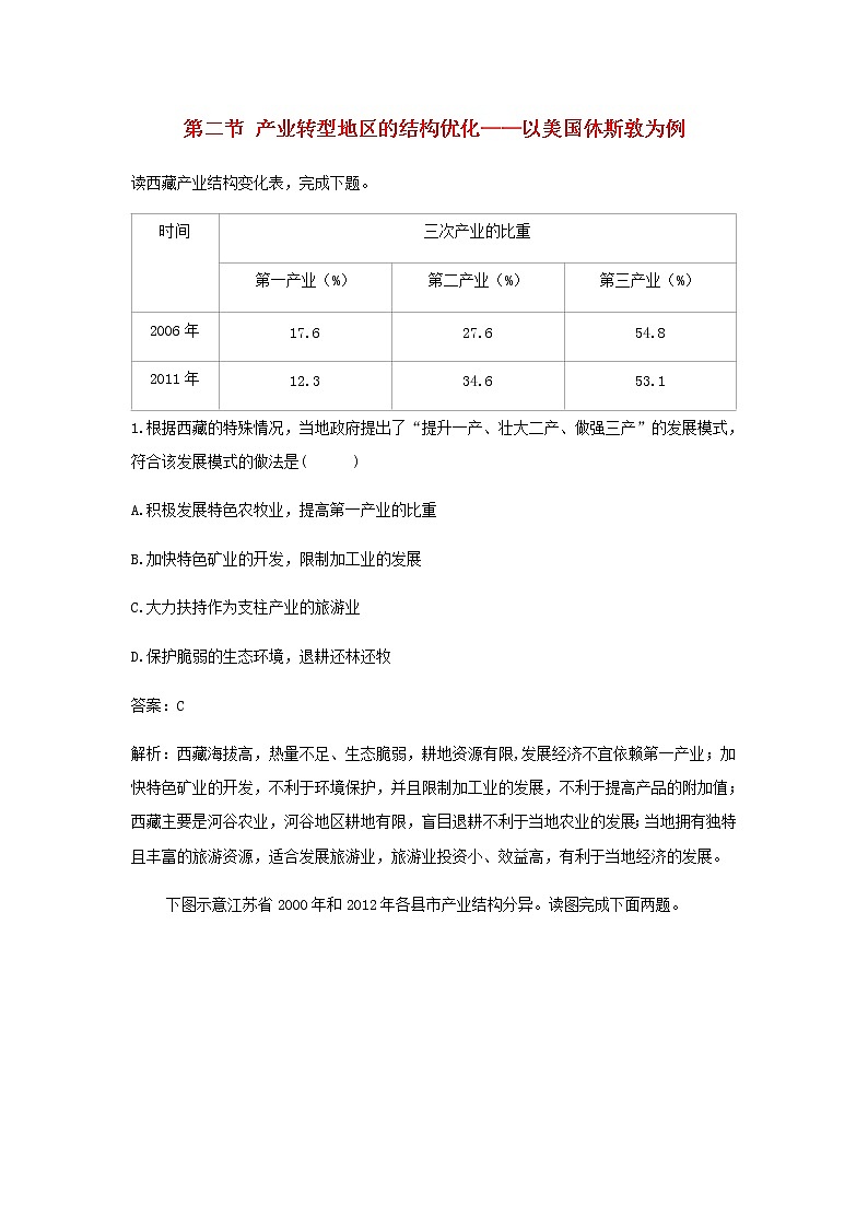 湘教版高中地理选择性必修第二册第二章区域发展第二节产业转型地区的结构优化__以美国休斯敦为例作业含解析 练习01