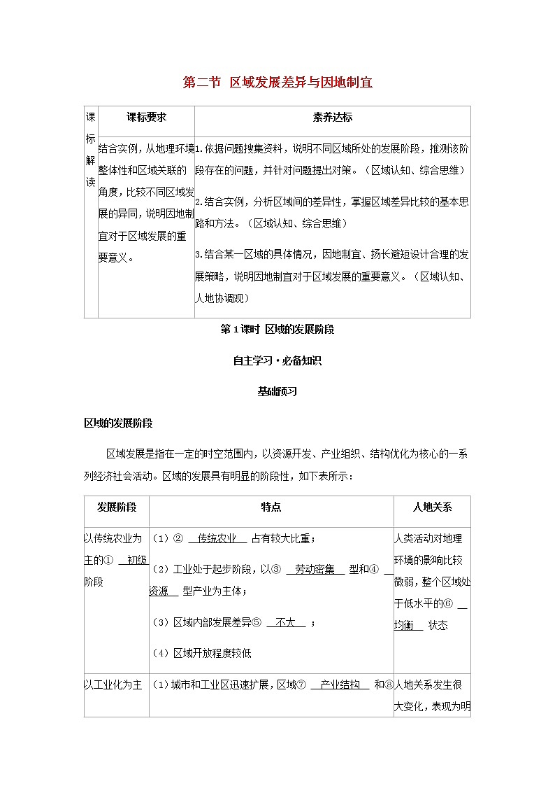 湘教版高中地理选择性必修第二册第一章认识区域第二节第1课时区域的发展阶段学案01