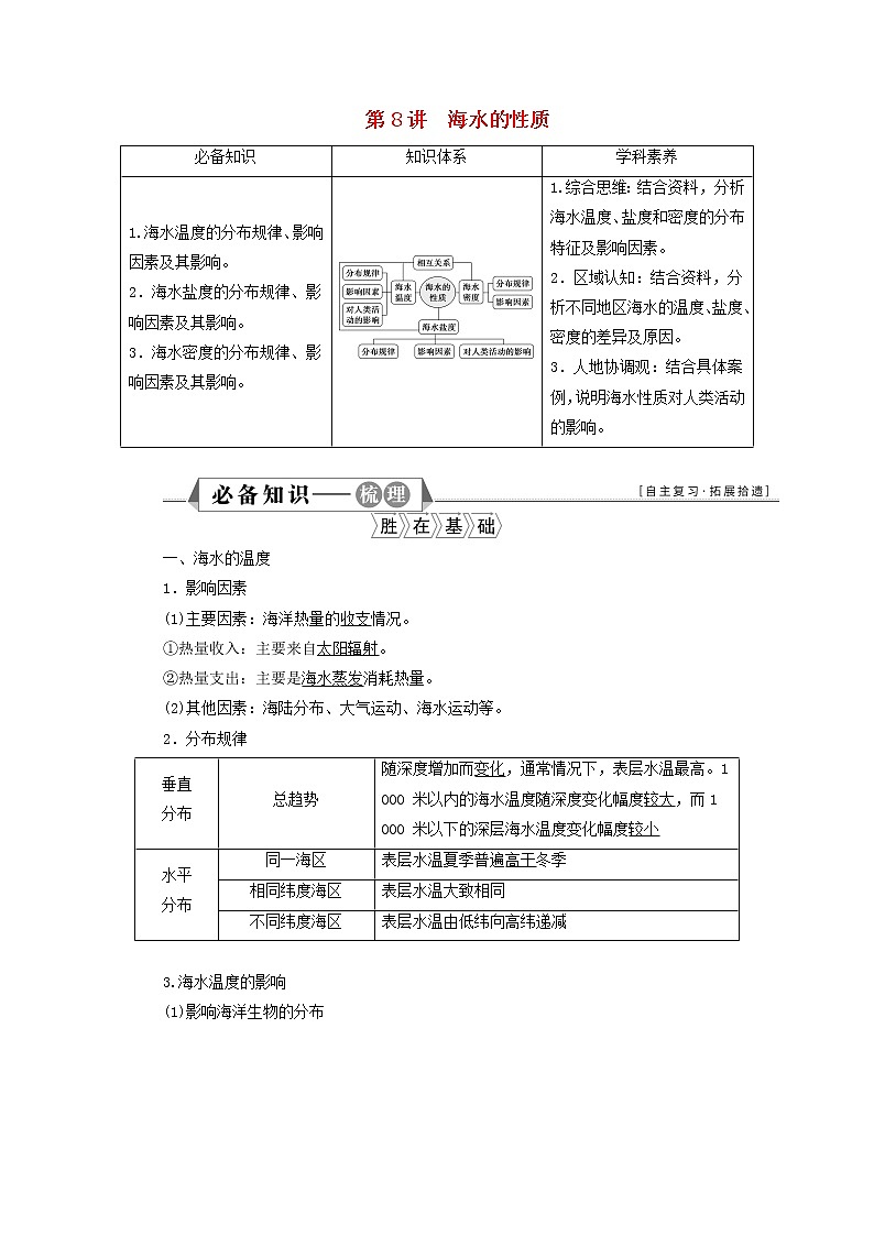 新人教版高考地理一轮复习第三章地球上的水第8讲海水的性质学案第1页