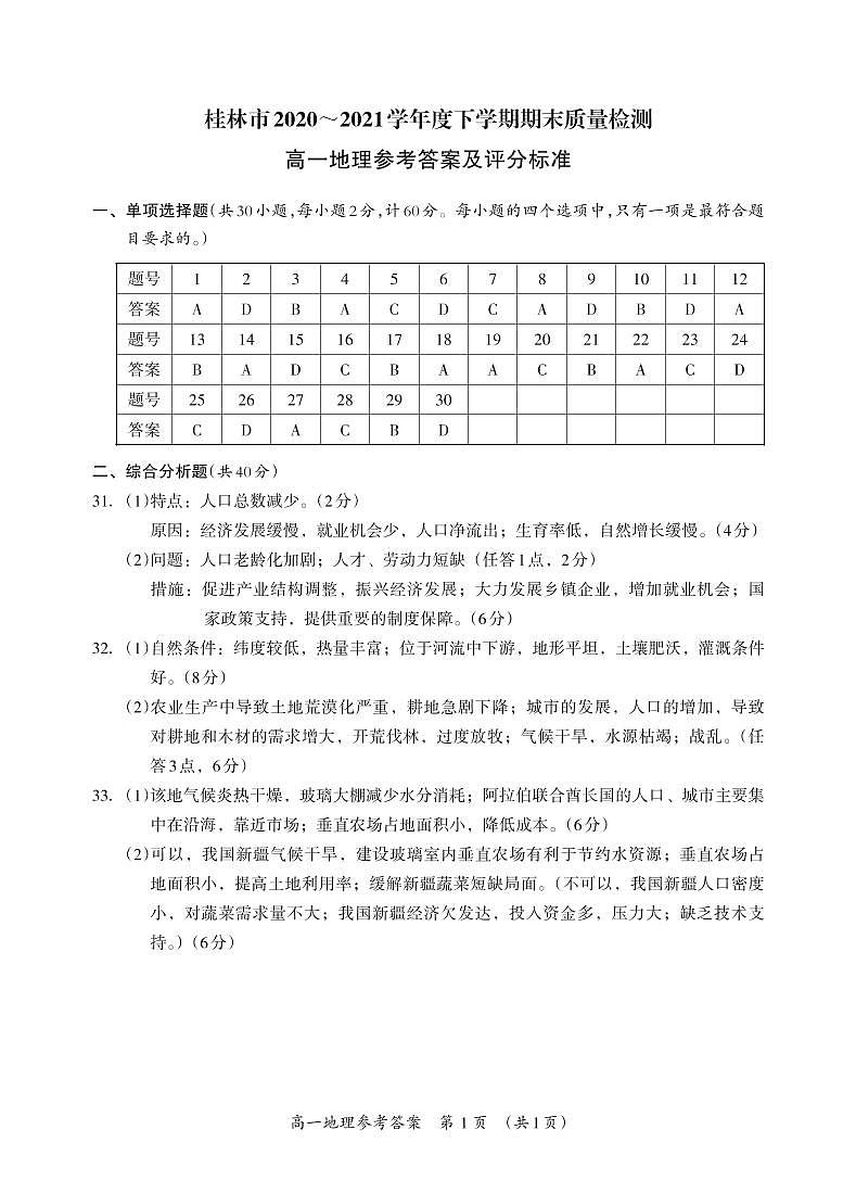 高一地理答案第1页