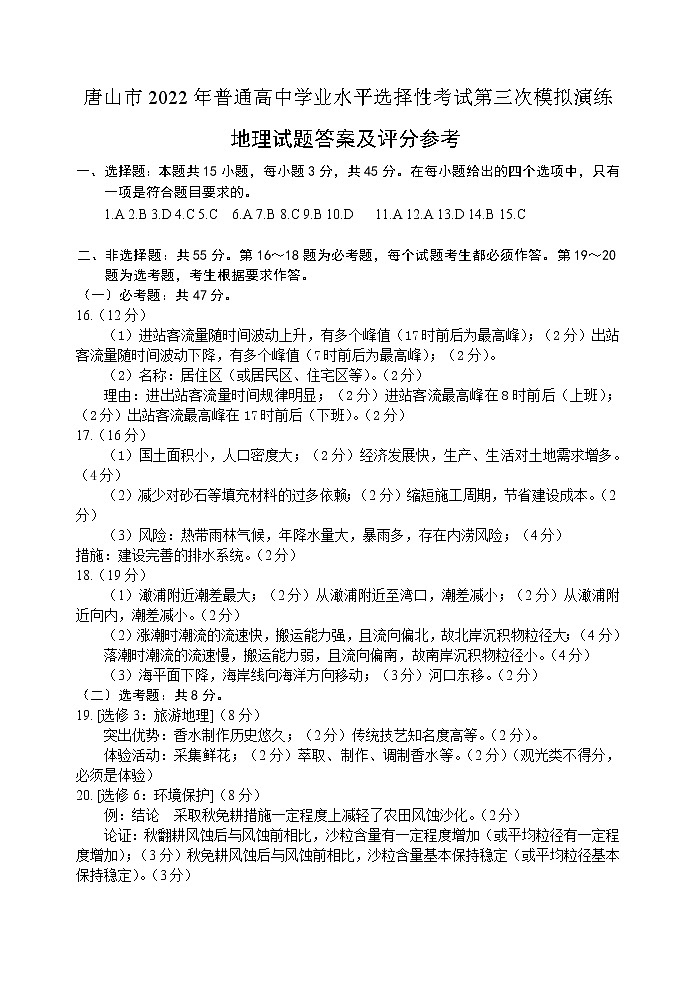 2022届河北省唐山市高三三模地理卷及答案（图片版）01