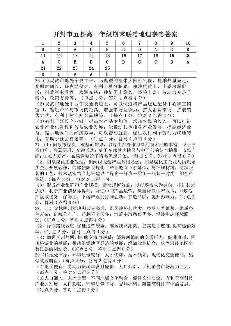 高一期末考试地理参考答案第1页