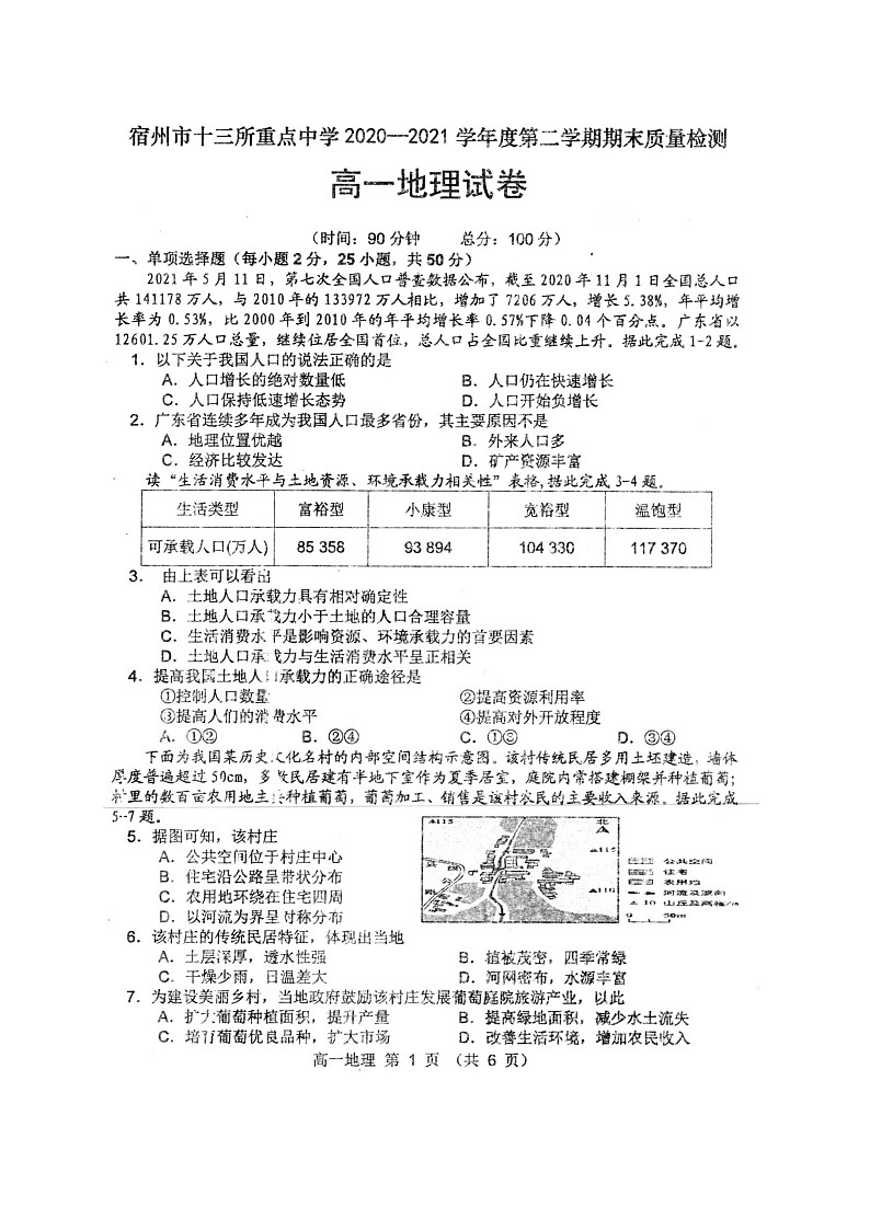 2021宿州十三所重点中学高一下学期期末考试地理试题扫描版含答案第1页