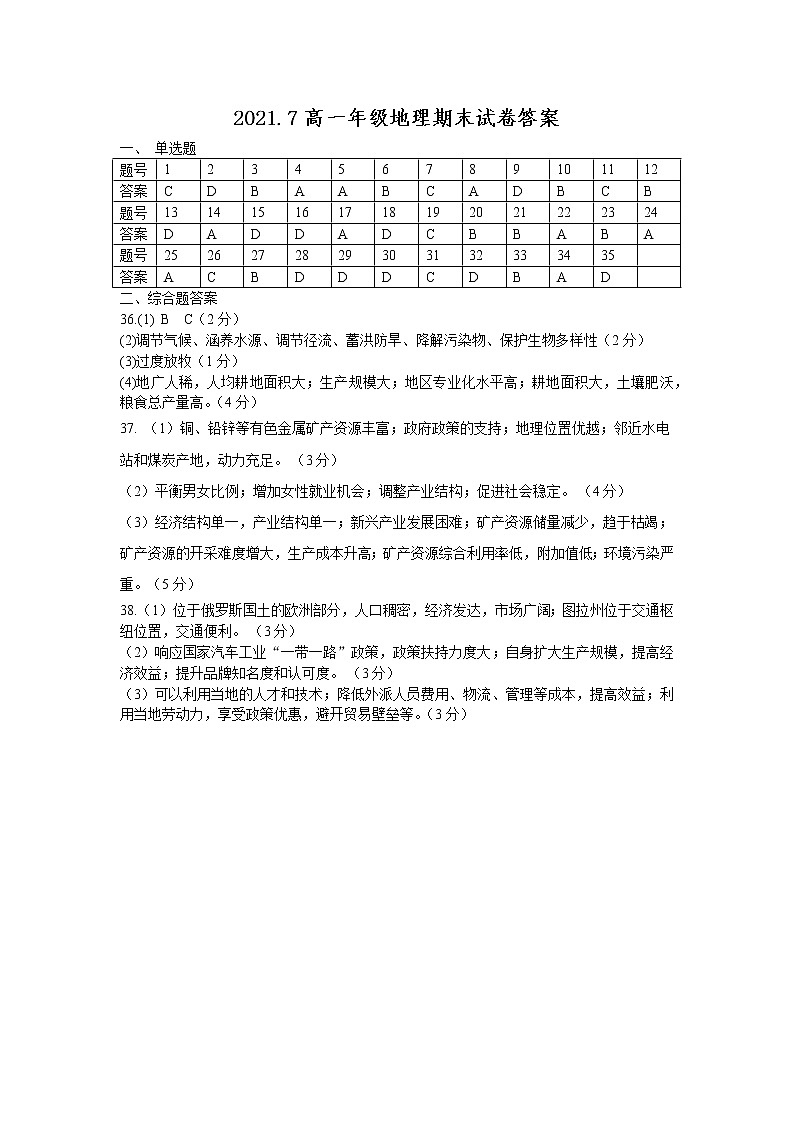 2021吴忠青铜峡高级中学高一下学期期末考试地理试题含答案01
