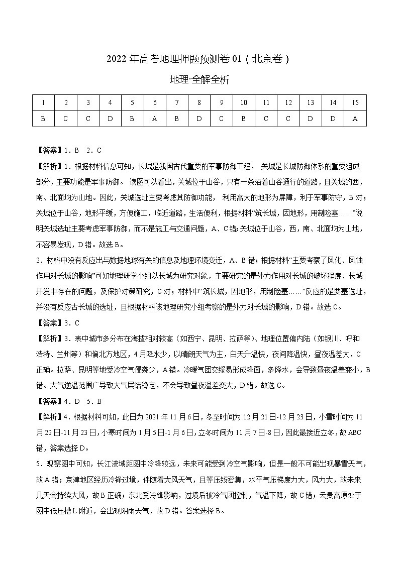2022年高考地理押题预测卷01（北京卷）（全解全析）第1页