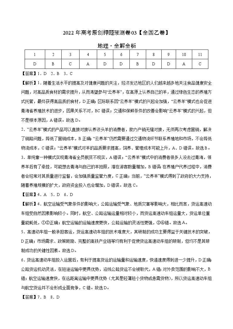 2022年高考地理预测押题卷+答案解析（全国乙卷三）01
