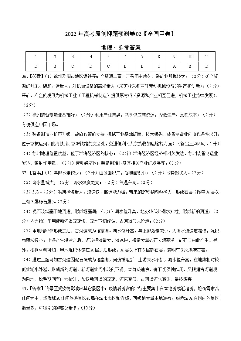 2022年高考地理押题预测卷02（全国甲卷）（参考答案）第1页