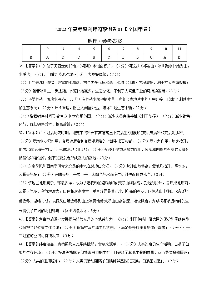 2022年高考地理预测押题卷+答案解析（全国甲卷一）01