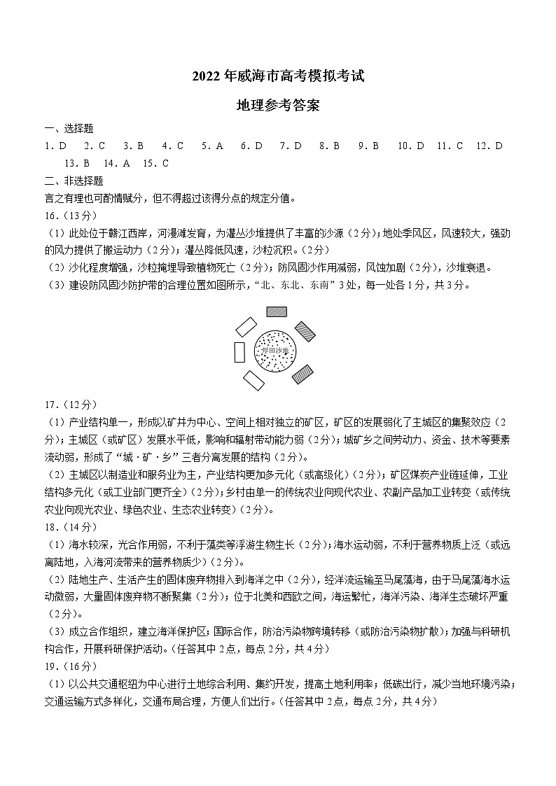 2022届山东省威海市高考二模地理（答案）第1页