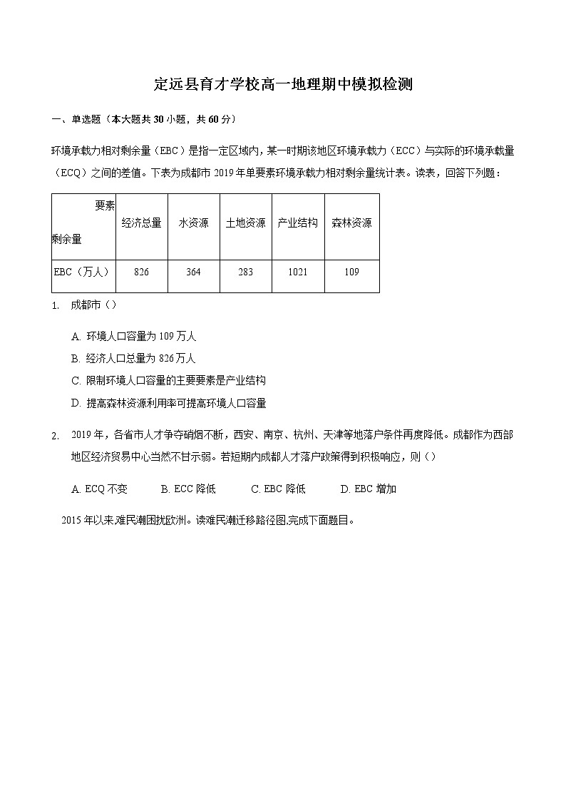 2021滁州定远县育才学校高一下学期期中模拟检测地理试题含答案01