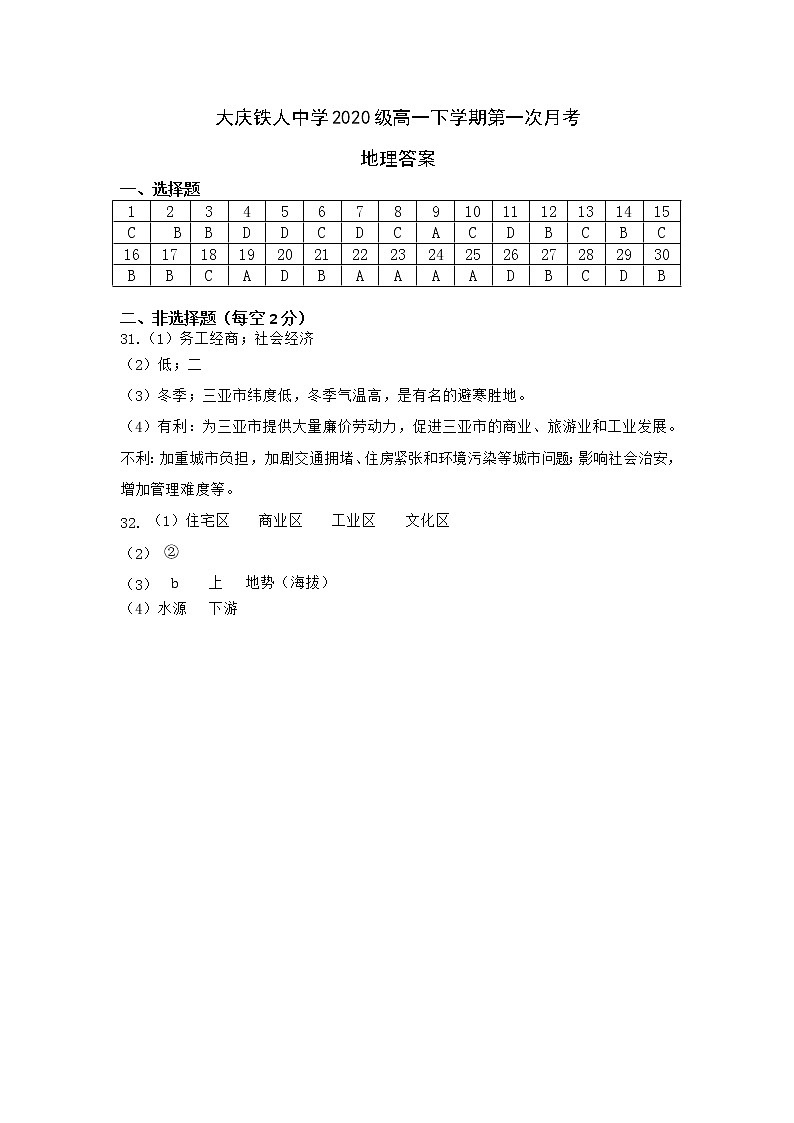 2021大庆铁人中学高一下学期第一次月考试题（4月）地理含答案01