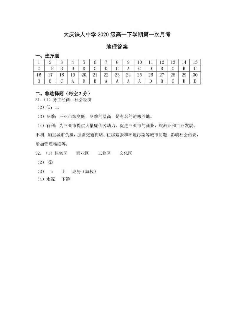 2021大庆铁人中学高一下学期第一次月考试题（4月）地理含答案01