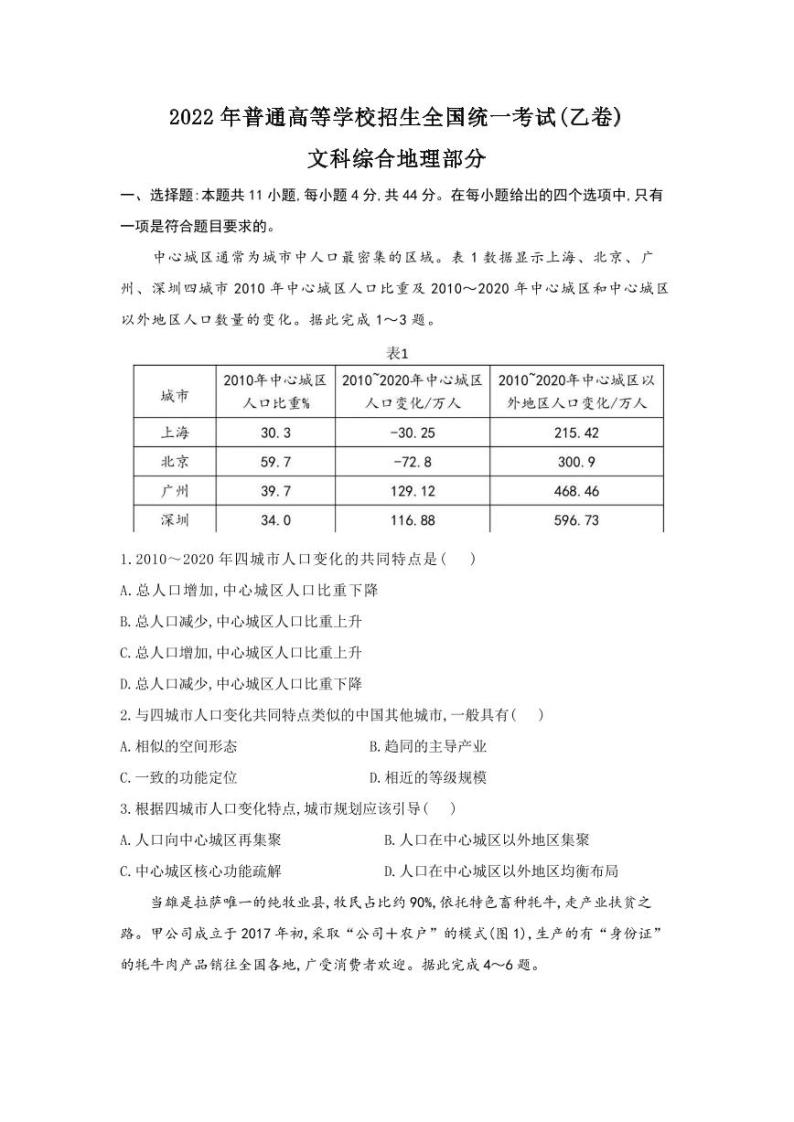 2022年普通高等学校招生全国统一考试(乙卷)文科综合地理部分（无答案解析）01