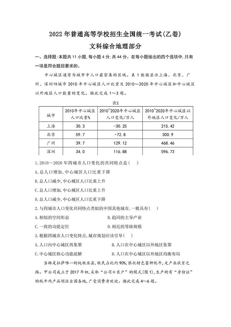 2022年普通高等学校招生全国统一考试(乙卷)文科综合地理部分（无答案解析）第1页