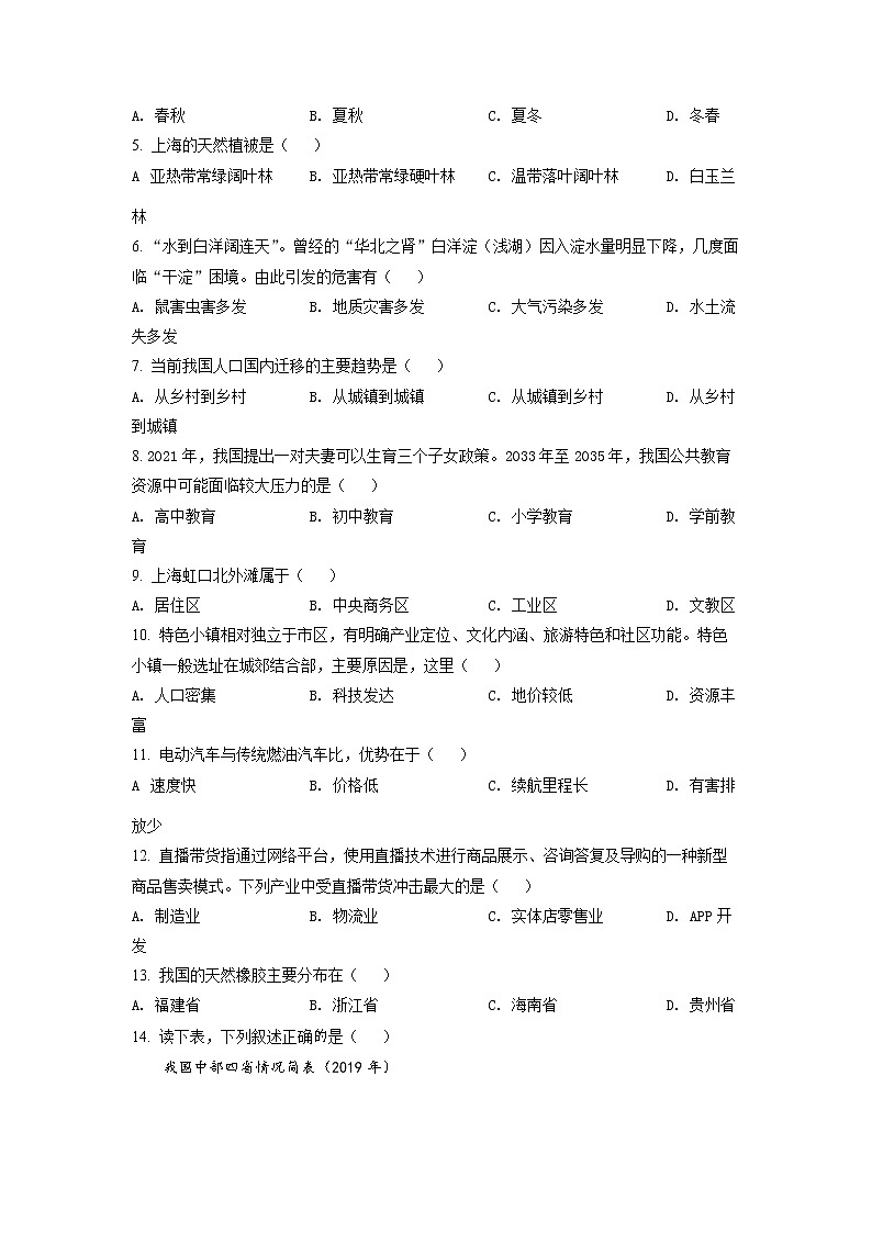 2022年上海市虹口区高三（二）等级考二模地理试题（含详解）02