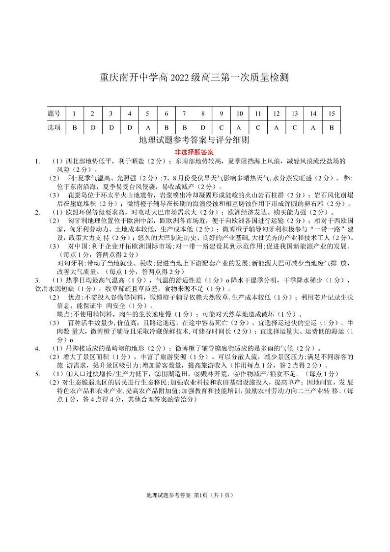 2022重庆市南开中学高三上学期第一次质量检测地理试题扫描版含答案01