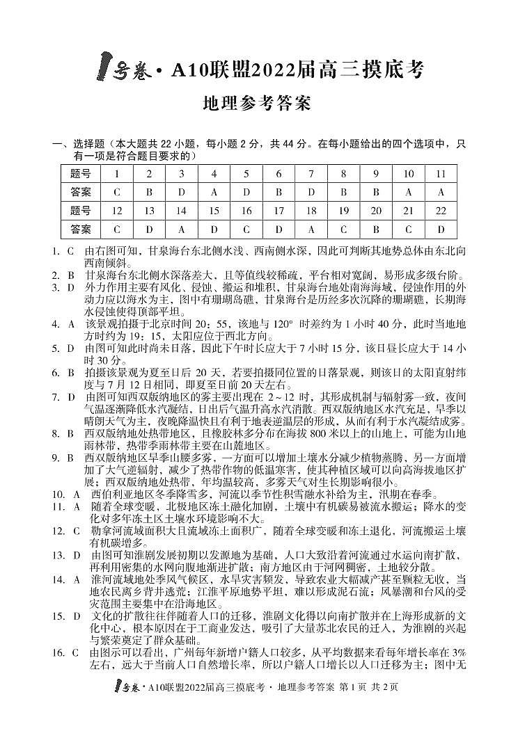 安徽省A10联盟2022届高三上学期摸底考试地理答案第1页