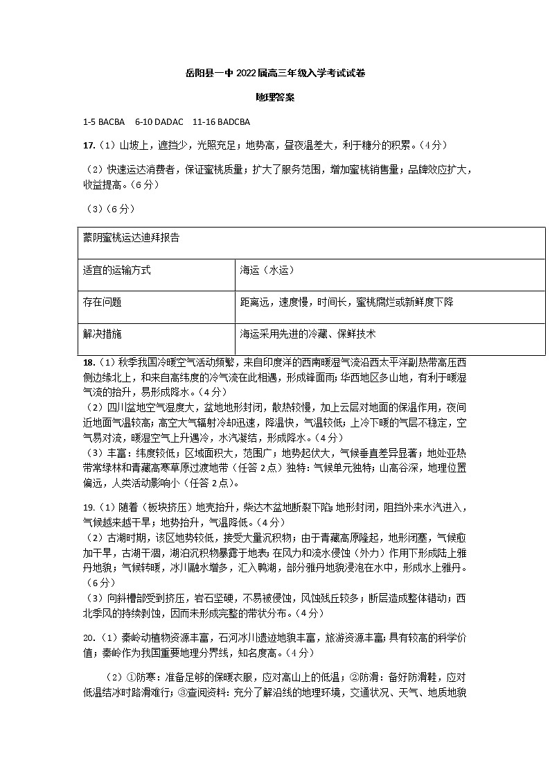 2022届高三年级入学考试  地理试卷  答案第1页