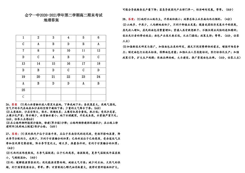 2021会宁县一中高二下学期期末考试地理试题扫描版含答案01