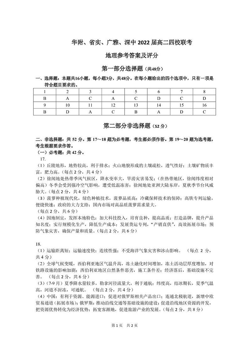 2021广东省华附、省实、广雅、深中高二下学期四校联考试题地理PDF版含答案（可编辑）01
