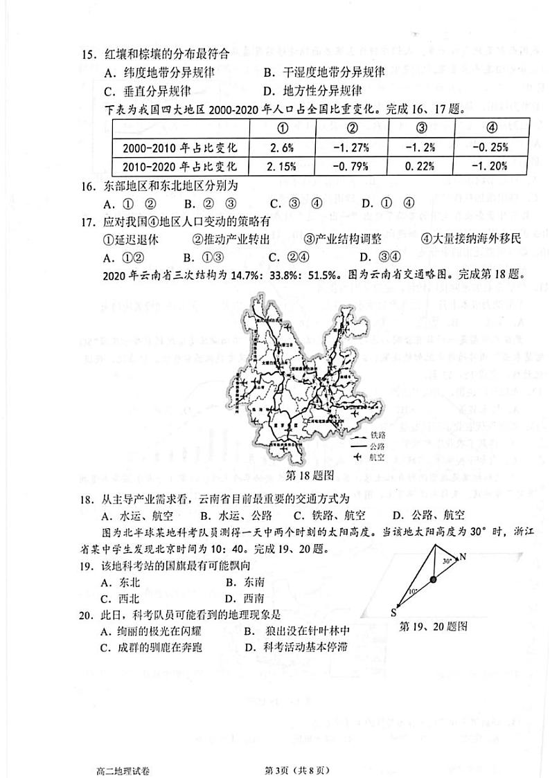 2021衢州高二下学期6月期末地理试题图片版含答案第3页