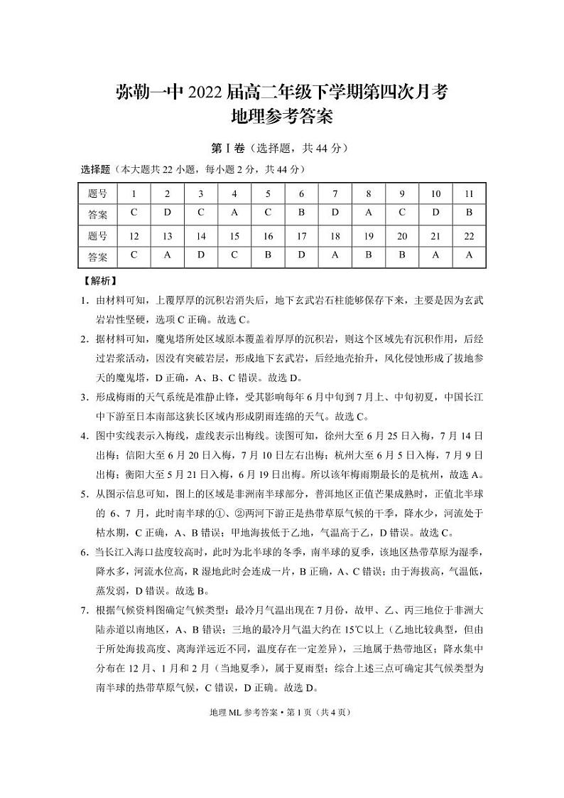 弥勒一中2022届高二年级下学期第四次月考地理-答案第1页