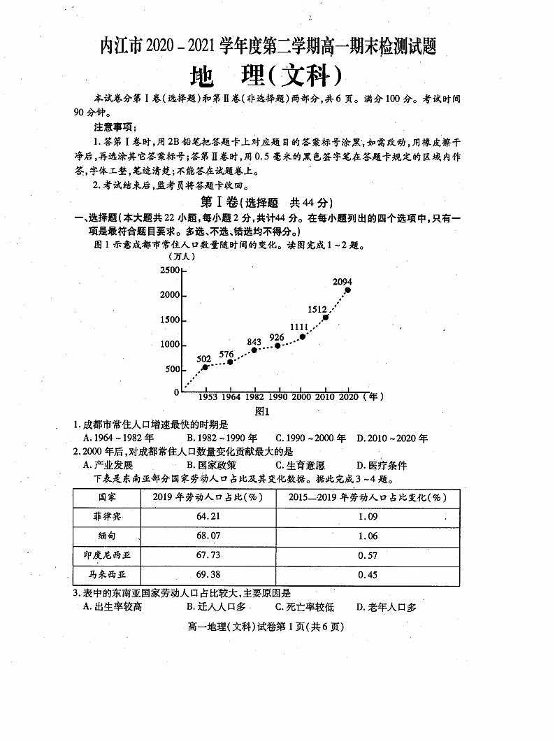2021内江高一下学期期末检测文科地理试题扫描版含答案第1页