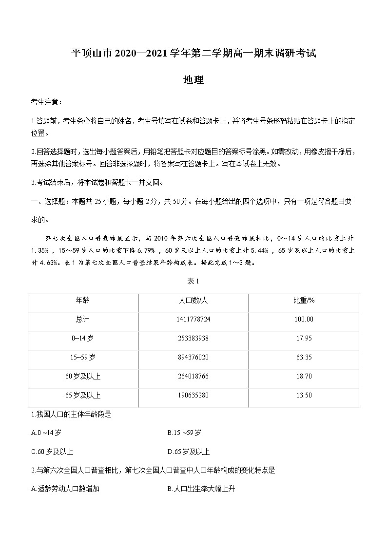2021平顶山高一下学期期末地理试题含答案第1页