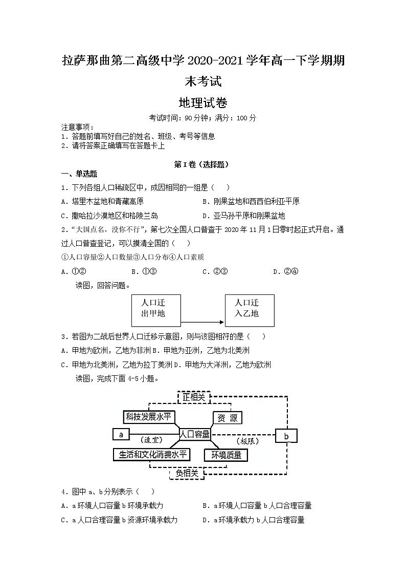 2021拉萨拉萨那曲二中高一下学期期末考试地理试题含答案第1页