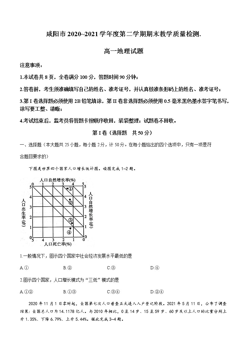 2021咸阳高一下学期期末地理试题含答案第1页