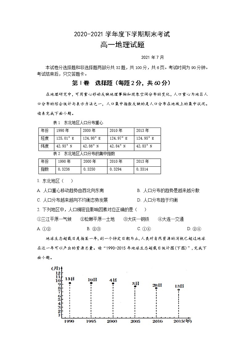 2021长春第二实验中学高一下学期期末考试地理试题含答案第1页