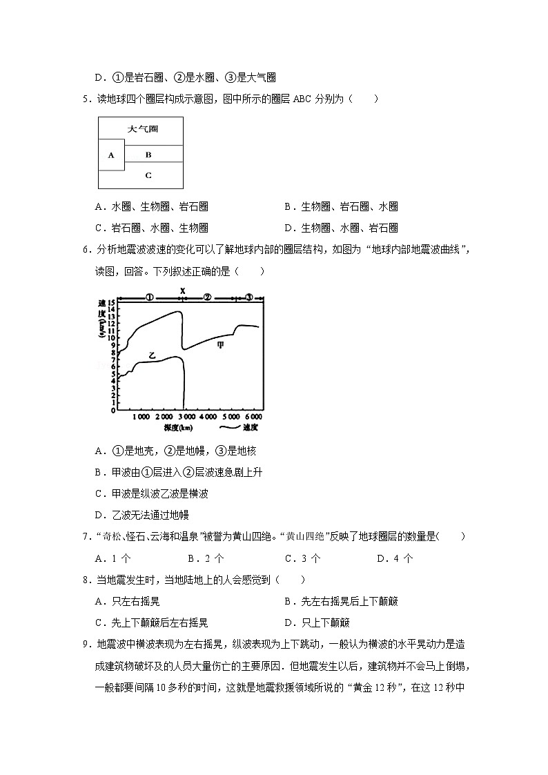 2022年新人教版（2019）地理一—地球的圈层结构练习题附详细解析02