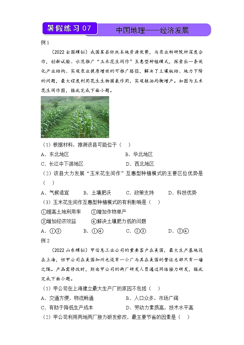 【地理】2021-2022学年下学期高二暑假巩固练习7 中国地理——经济发展 学生版01