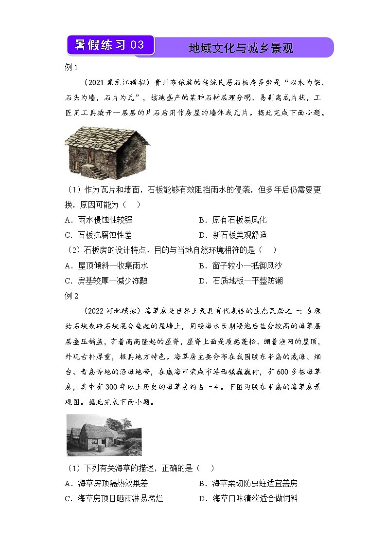 【地理】（新教材）2021-2022学年下学期高一暑假巩固练习3 地域文化与城乡景观  学生版第1页